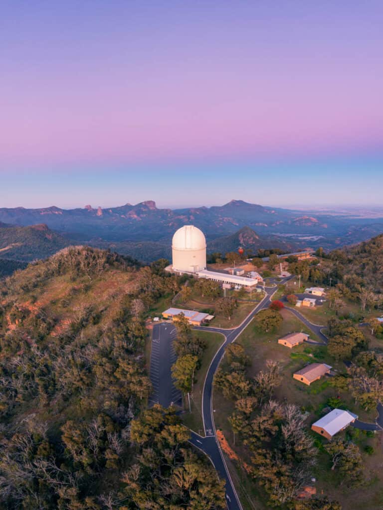 Aerial overlooking the Siding Springs Oberservatory, Coonabarabran surrounded by Warrumbungle National Park.