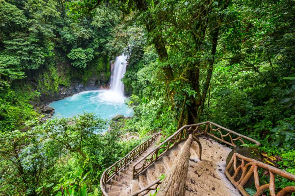 Majestic waterfall in the rainforest jungle of Costa Rica.