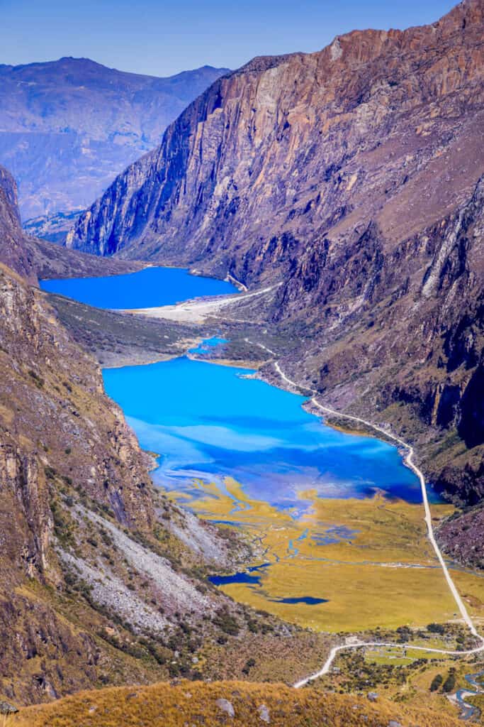 Turquoise Llanganuco lake in Cordillera Blanca at sunny day, snowcapped Andes, Ancash, Peru
