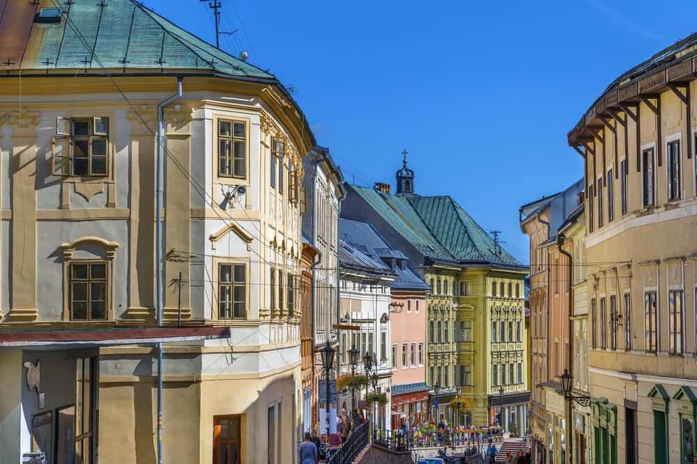 Street with historical houses in Banska Stiavnica old town, Slovakia