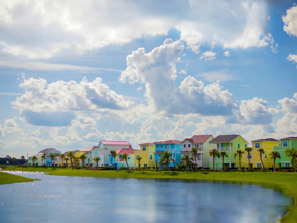 colorful units on lake at margaritaville fort myers