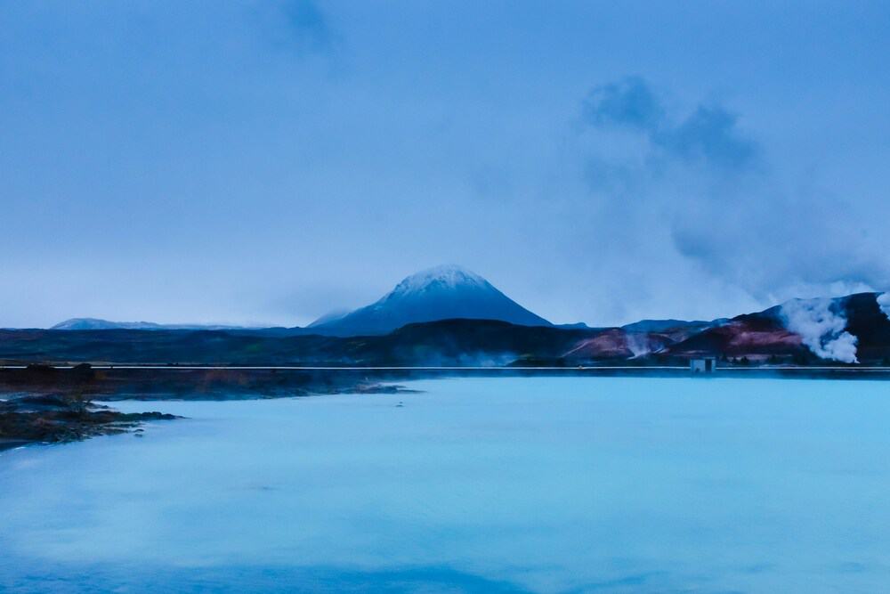 Myvatn Baths with snowcapped volcano in background