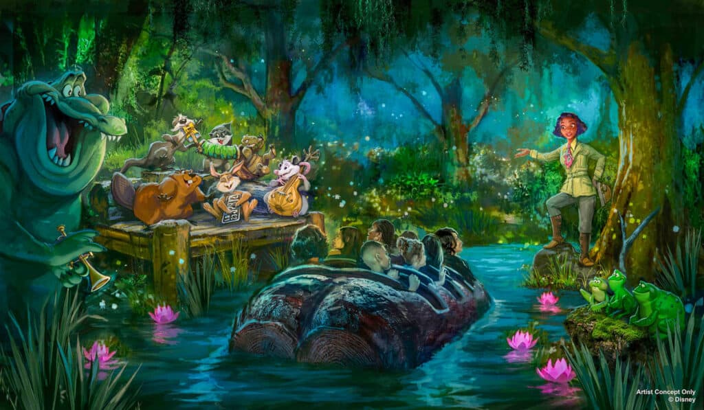 animated picture of tiana's bayou adventure ride with characters in the boat