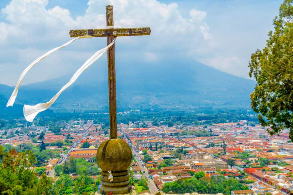 View on Antigua and Volcano de Aguaby Cerro de la Cruz in Guatemala