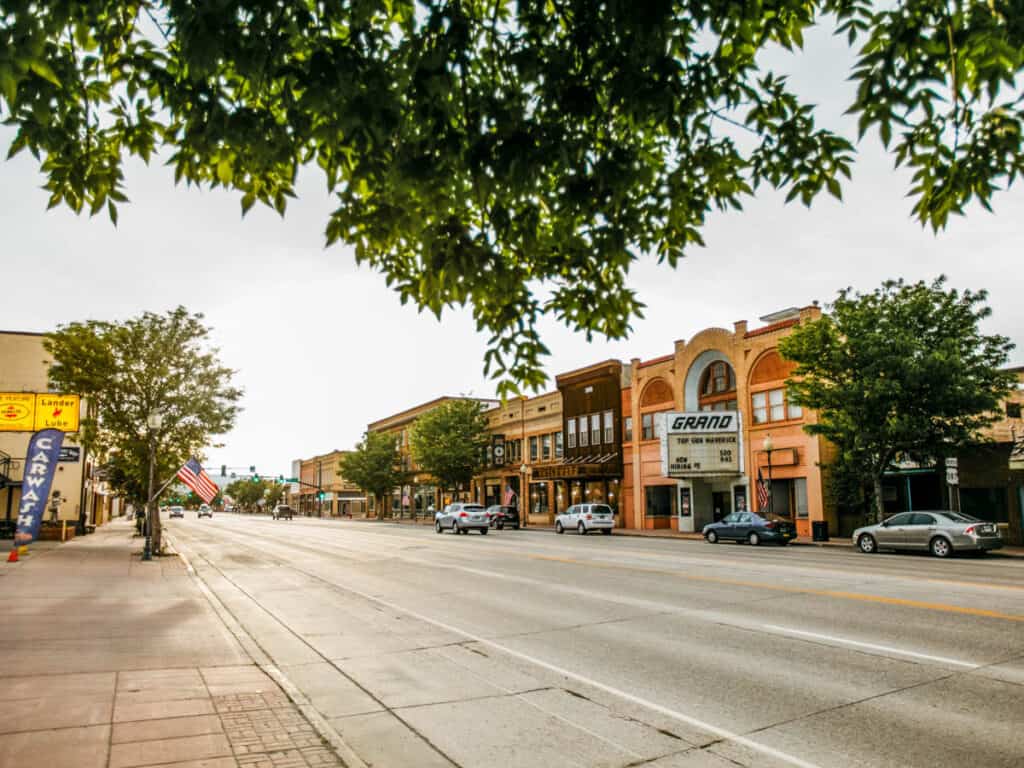 stores line the road in downtown lander
