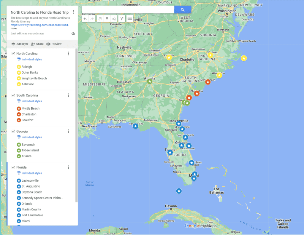 map showing places to visit from nc to florida