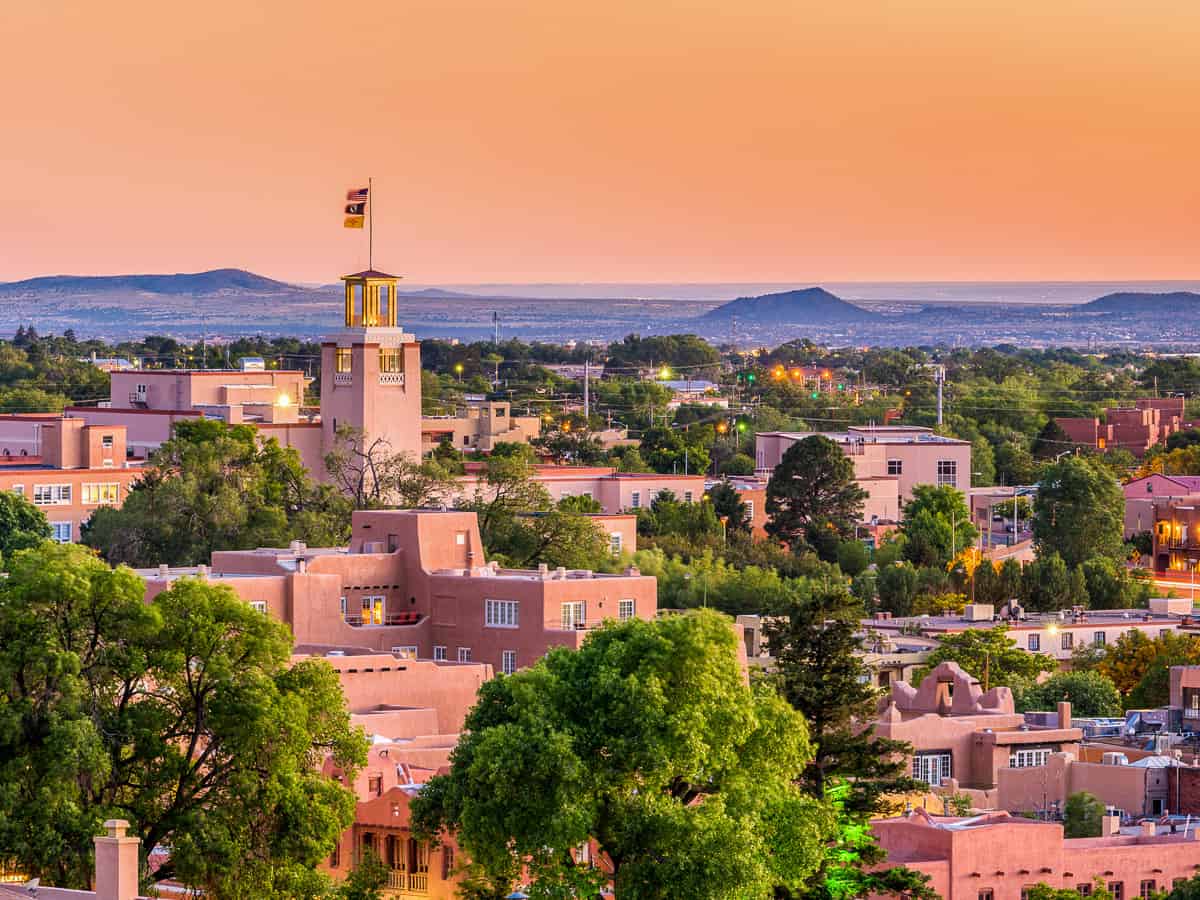 Overlooking Santa Fe, New Mexico and the city buildings. 