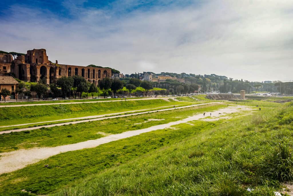 wide view of the remains of tthe circus maximus of rome