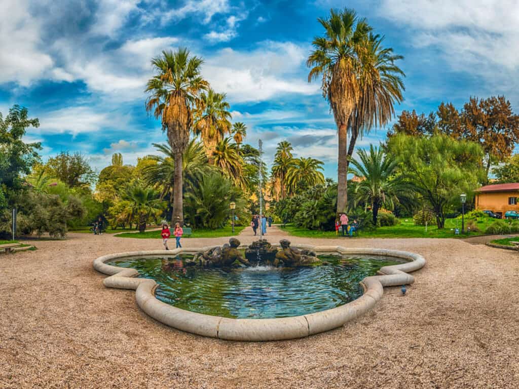Scenic fountain inside the historical Botanical Garden of Rome, Italy