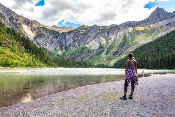 woman looking at view of avalanche lake