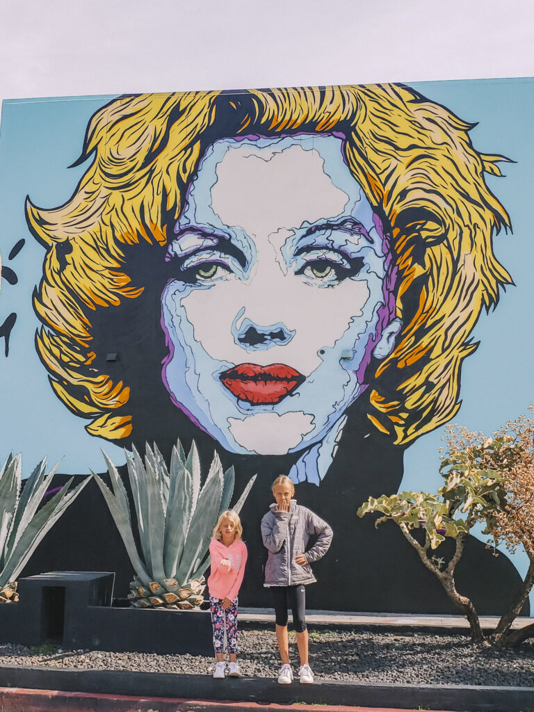 two girls in front of marilyn monroe mural