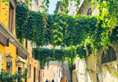 girl walking under vines hanging across street in Trastevere